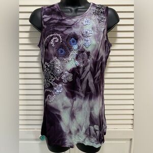 Trixie Tie Dye Purple/Teal Sleeveless‎ Blouse Beads Ribbon Embroidery Size M NWT